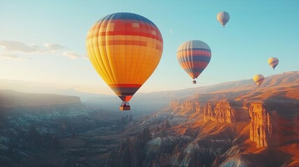 Hot air balloons in bright colors floating over a canyon perfect for adventure travel wallpaper themes