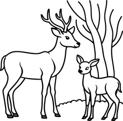 Fototapeta premium Line art of a deer and cubs made for a kids coloring book 
