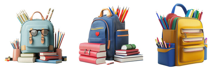 Fototapeta premium set of A 3D render of a school backpack with books, pencils, and other elements isolated a transparent background