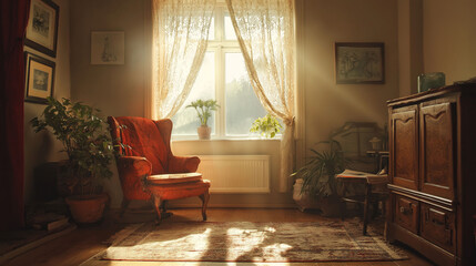 Cozy vintage living room with sunlight streaming through lace curtains onto an armchair