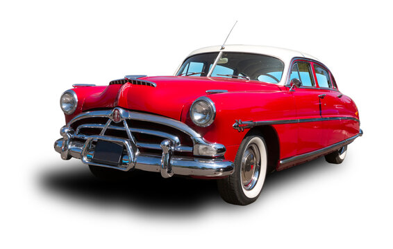 Classical American car Red Hudson Hornet White background
