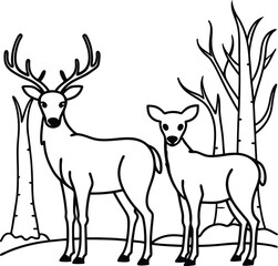 A gentle deer with cubs line art for kids to color and enjoy

