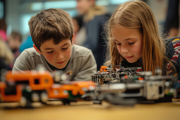 Elementary school students engaged in creative building activities during a hands-on classroom project