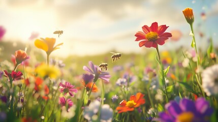 Naklejka premium Colorful wildflower meadow buzzing with bees during a sunny afternoon in spring