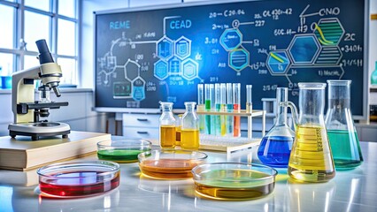 Laboratory workstation cluttered with various scientific equipment, beakers, and petri dishes, with a prominent formula scribbled on a whiteboard in the background.