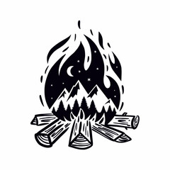 Vector drawing of a campfire at night with mountains and forest