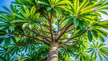 Low-angle shot of Alstonia plant in Islamabad, Pakistan, showcasing its robust main stem, branching structure, and lush green leaves, with distinctive black and brown scars.