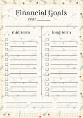 Financial goals floral spring paper sheet. Planner worksheet lovely template.