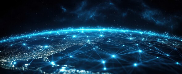 Obraz premium World's virtual communication display with worldwide links and info currents in a web banner