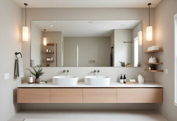 A sleek modern bathroom featuring two sinks and a large mirror above them, showcasing a clean and stylish design.