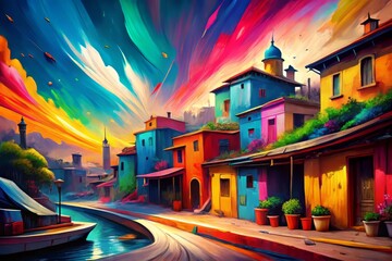 Naklejka premium **Vibrant canvas**: Bold brushstrokes dance across the canvas, conveying a kaleidoscope of colors, emotive and dynamic, captivating the eye and the senses.