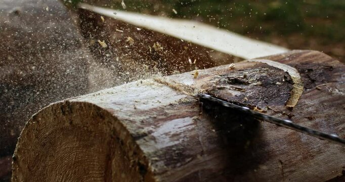 Super slow motion macro of professional woodcutter sawing tree trunk with chainsaw flying wood sawdust on sawmill at wood industrial factory at 1000 fps.