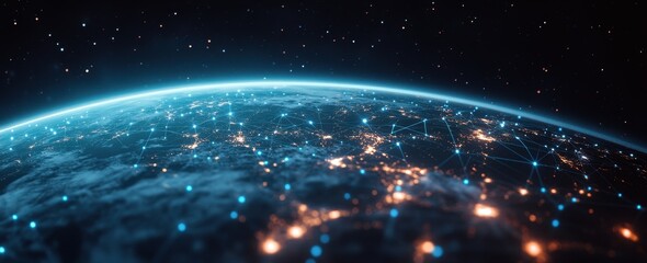 Obraz premium Earth's virtual system representation with international connections and info flows in a web banner