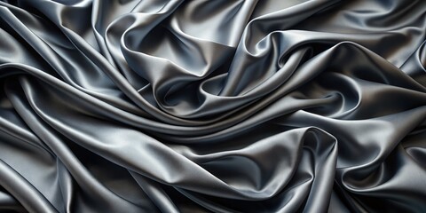 Obraz premium Luxurious dark gray satin fabric with abstract soft wave patterns, blurring into a beautiful, shiny silk-like cloth panoramic background with subtle texture details.