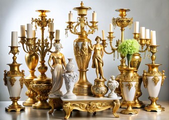 Luxurious gold-decorated antiques, including vases, figurines, and candelabras, arranged artfully on a crisp white background, evoking opulence and sophistication in interior design.