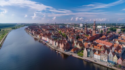 Obraz premium Take the panorama at sunrise or sunset to capture the city bathed in warm, soft light, enhancing the contrast between buildings, streets, and the sky.
