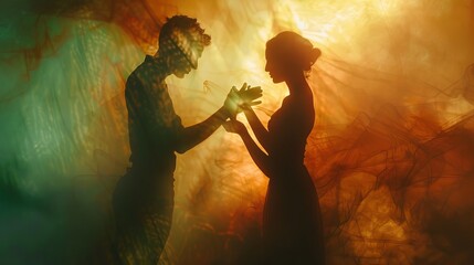 Enigmatic Silhouette Art of Couple Holding Hands in Mystical world