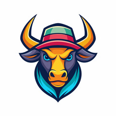 Trendy Hat Creative and Modern Logo Design. Colorful Bull Head Mascot Logo with White Background.