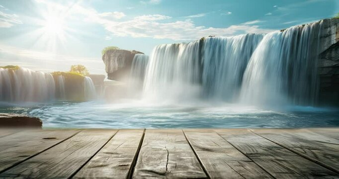 waterfall motion water fall background with wood surface table top empty place space podium dais  pedestal platform for adventure hiking fresh clean drink hydration product display