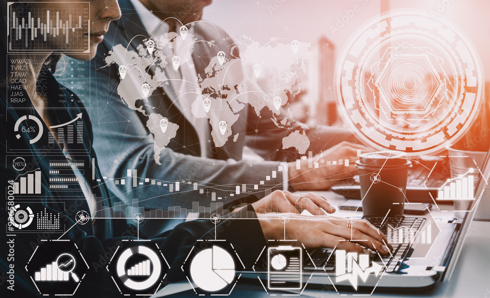 Poster data analysis for business and finance concept. interface showing future computer technology of prof