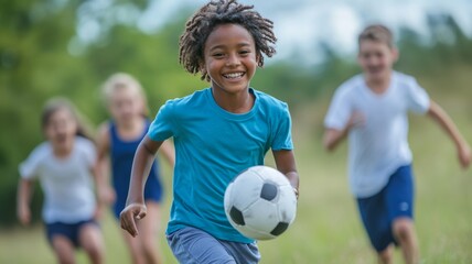 Images of children and teenagers involved in sports, focusing on teamwork, fun, and the benefits of physical activity.