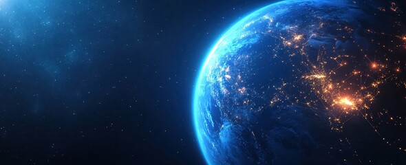 Earth's electronic infrastructure representation with global networks and data flows in a web banner