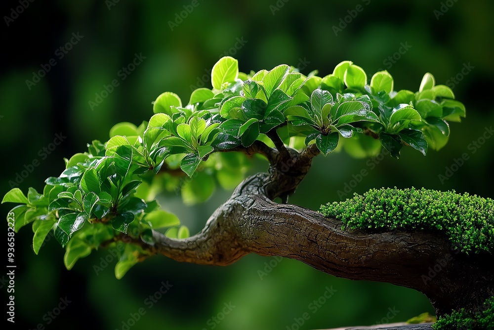 Poster a close-up of a bonsai tree's leaves and branches, with soft light filtering through, creating a cal