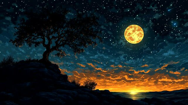 Tree silhouette against starry night sky with glowing full moon. Seamless looping 4k time-lapse animation video background.