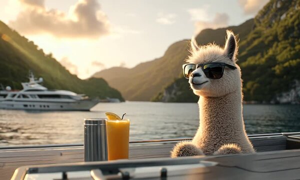 A llama wearing sunglasses sits comfortably by the water with a refreshing drink in hand, surrounded by stunning mountain scenery at sunset