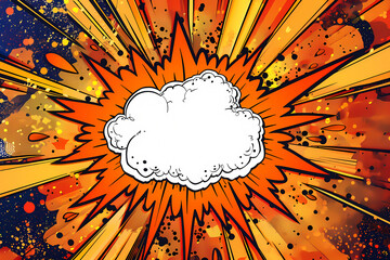 A vibrant comic-style explosion with bold colors radiating. The central blank cloud invites creativity and imagination.
