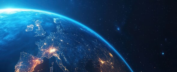 Obraz premium Cyberspace commerce visualization highlighting worldwide links cryptocurrency and internet-enabled objects on an extended banner design