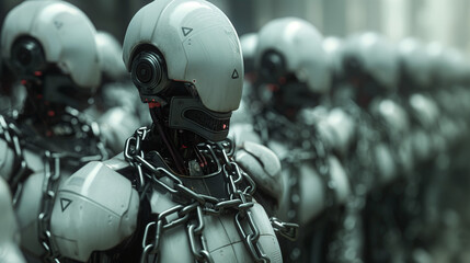 Fototapeta premium Row of chained humanoid robots in a dystopian setting.