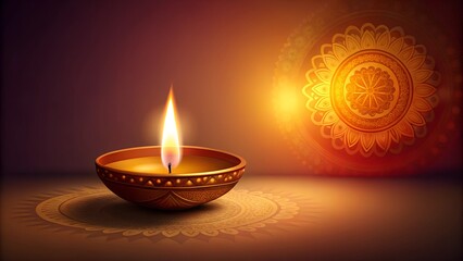 Diya lamp with flame and mandala in the background, Diwali celebration concept