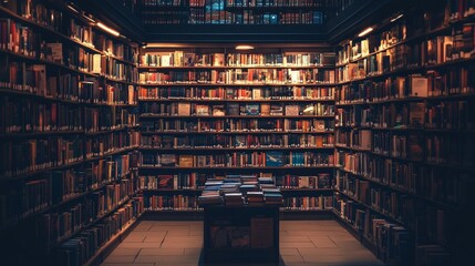 Ancient Library Interior With Tall Bookshelves, Stacks Of Books And Tranquil Atmosphere.