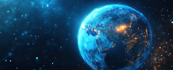 Obraz premium Earth's digital system portrayal with worldwide grids and data flows in a web banner