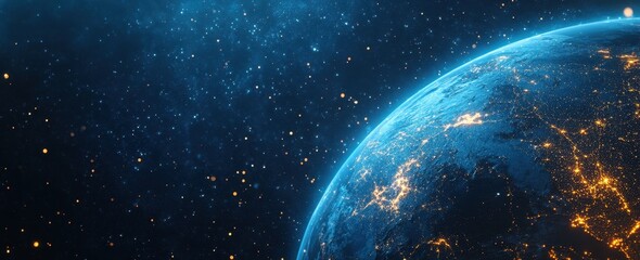 Obraz premium World's electronic platform representation with planetary links and data currents in a web banner