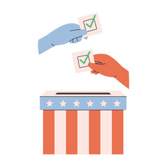 People put vote paper into election box. US voting and elections concept. Vector illustration in flat style