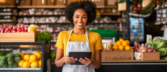 Smiling Store Employees Using Tablet in Grocery Aisle