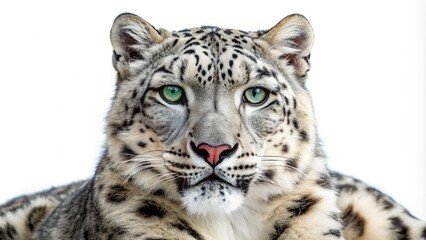 Obraz premium Magnificent snow leopard isolated against a pure white backdrop, its thick grey and white fur glistening, with piercing green eyes and a regal demeanor.