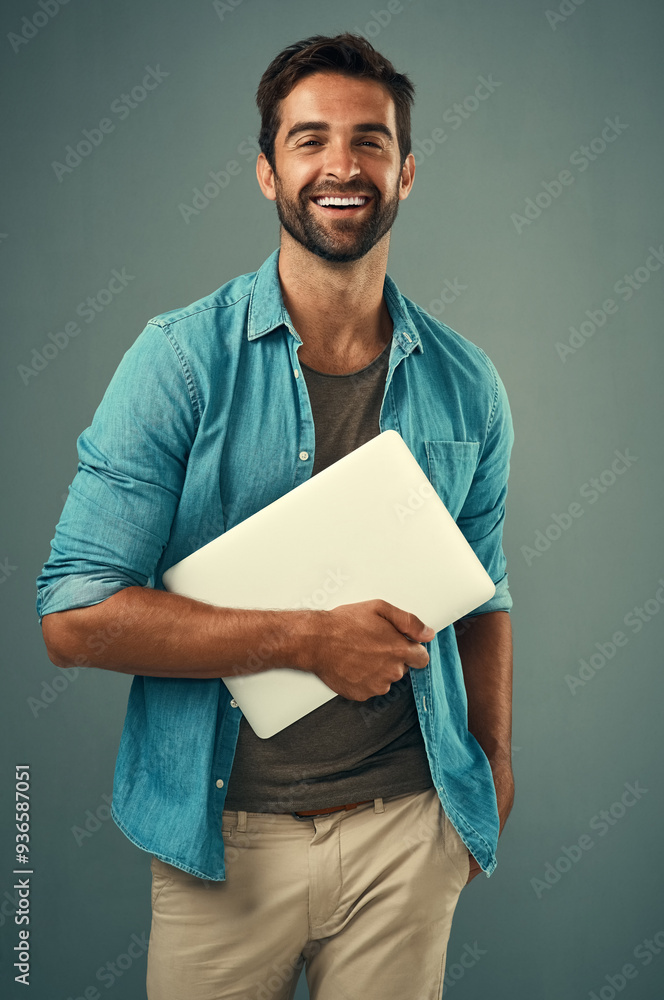 Poster studio, portrait and businessman with laptop for holding, research and access information on interne