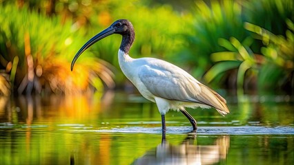 Naklejka premium Majestic black-headed ibis with sleek feathers and long curved beak wades through shallow water in a serene natural wetland environment amidst lush green foliage.