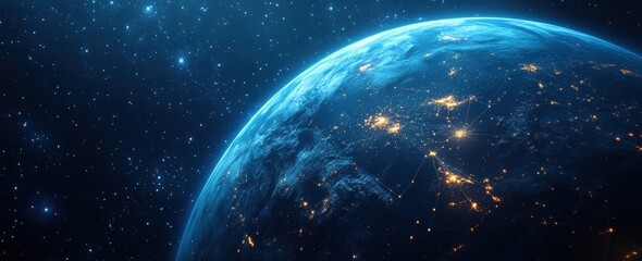 Obraz premium World's tech infrastructure display with global networks and info currents in a web banner