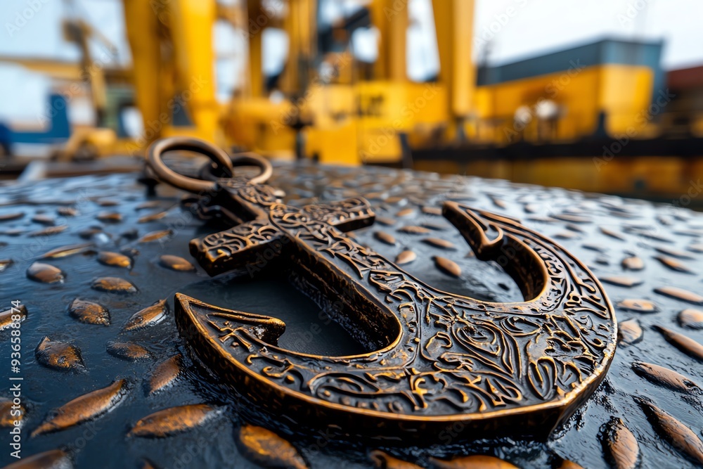 Poster a close-up of a modern anchor design with intricate metalwork, showing the engineering precision tha