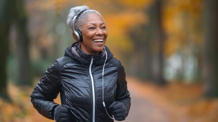 Obraz premium Portrait of happy elderly African American woman wearing headphones and jogging in autumn park demonstrating healthy lifestyle and enjoying warm day.