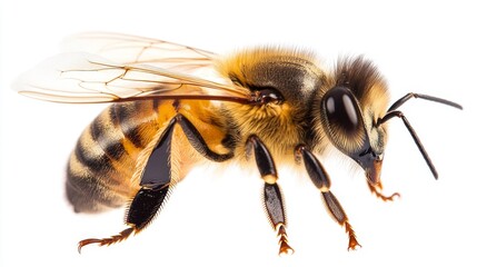 A honey bee collecting nectar on a white background