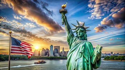Obraz premium Majestic copper statue of lady liberty towers above New York Harbor, proudly holding torch and tablet, with American flag waving majestically in background.