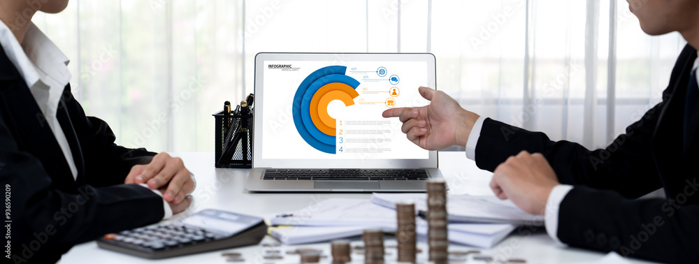 Poster business intelligence analyst use bi software on laptop to analyze financial data dashboard with gro