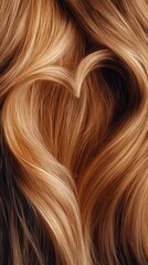 Fototapeta premium Golden Brown Hair in Heart Shape Close-Up - A close-up of silky golden brown hair styled into a heart shape, highlighting its texture, shine, and rich color.