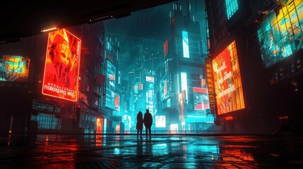 Obraz premium Futuristic cityscape at night: two people standing on a wet street surrounded by neon lights and towering skyscrapers.