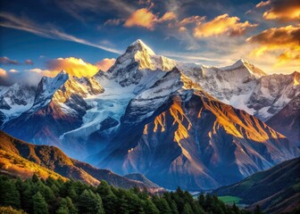 Majestic Himalayan peaks adorned with pristine snow tower above, beckoning adventurers and nature lovers to experience the breathtaking grandeur of Nepal's Annapurna Mountain Range.